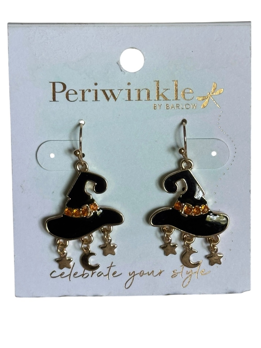 Periwinkle by Barlow Black Witch Hat Earrings with Gold Accents